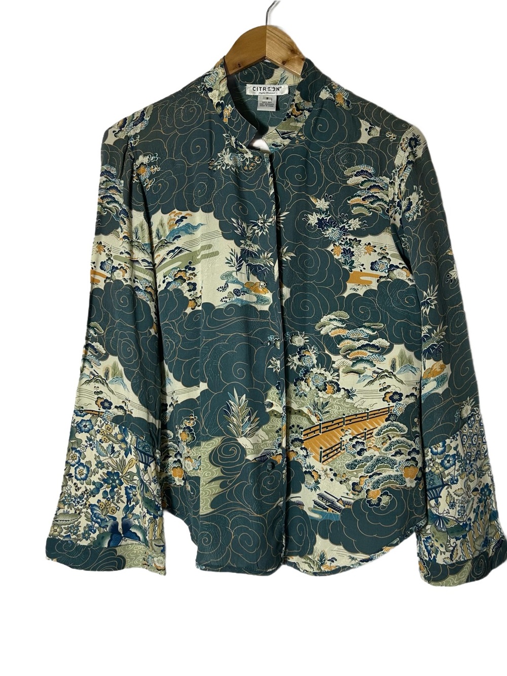 Citron Santa Monica Blouse Size S‎ 100% Silk Kimono Style Mandarin Collar